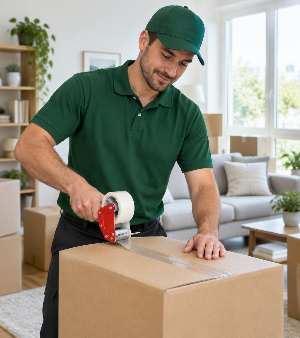 Mover taping a moving box in a bright living room