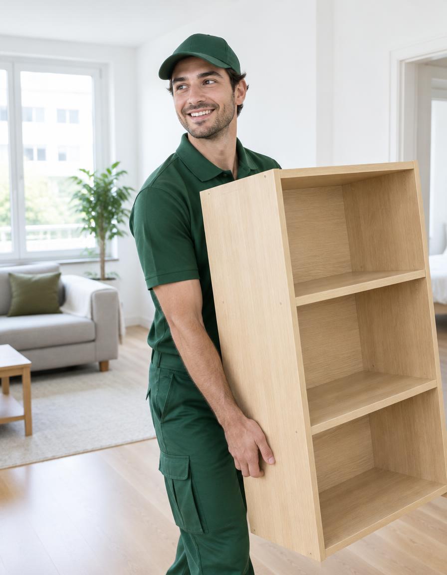 Smiling mover carrying a bookshelf
