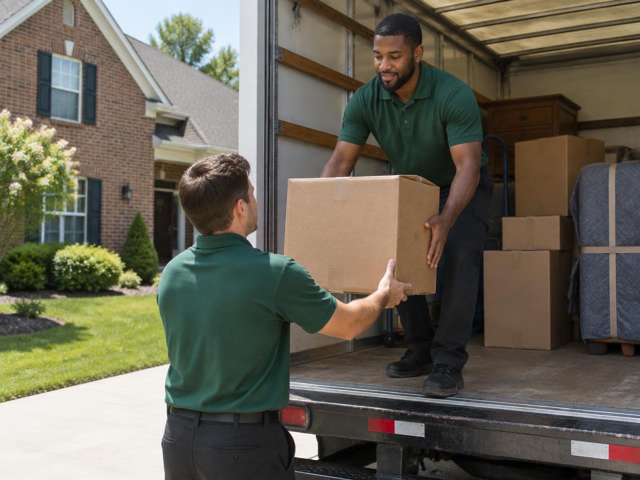 Two movers loading boxes into a truck outside a brick home