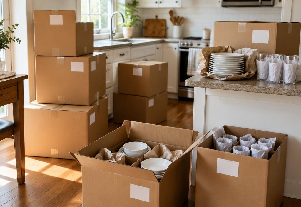 Professional packer wrapping dishes in a moving box