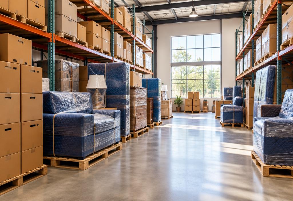 Clean storage warehouse with wrapped furniture and boxes